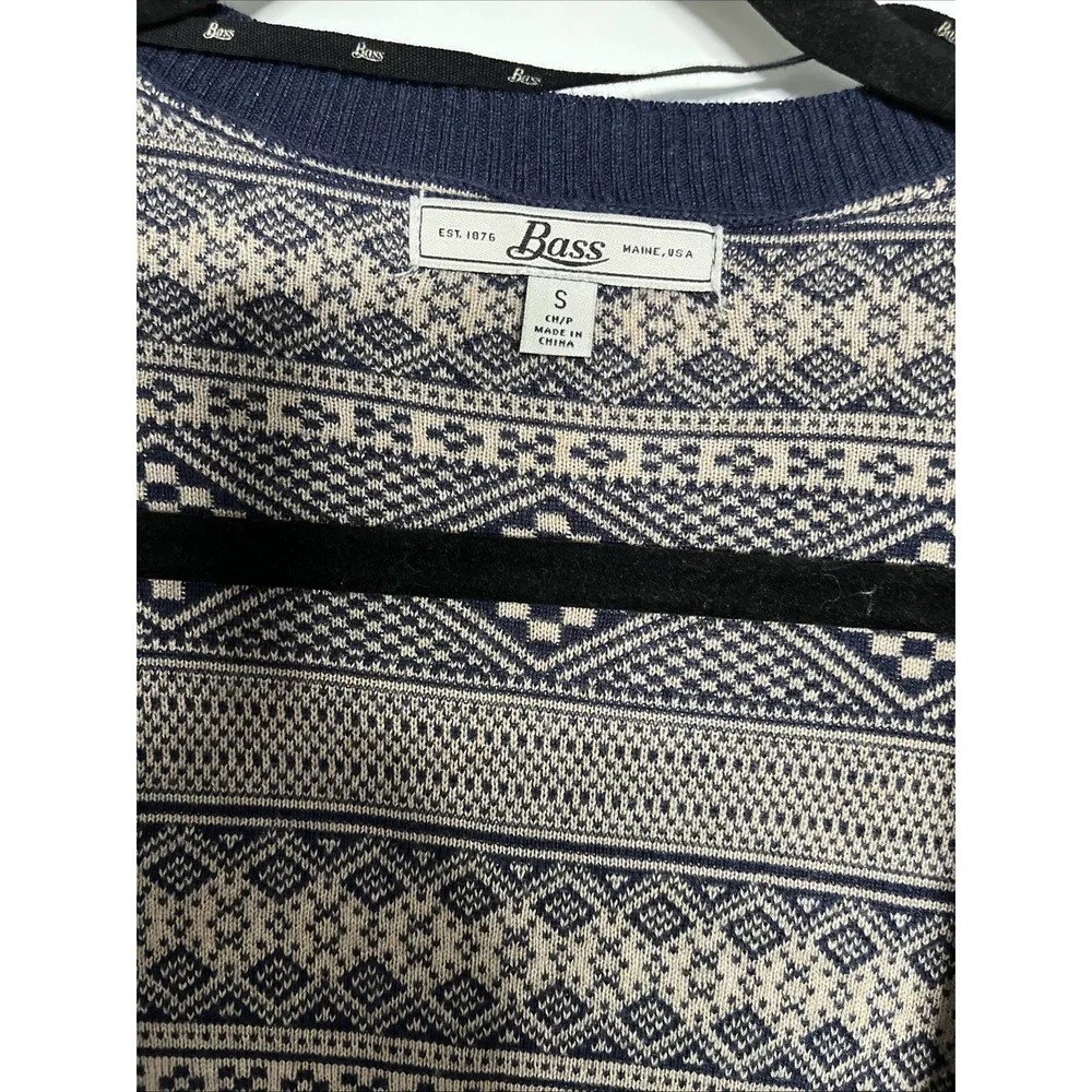 BASS USA S Navy Blue Beige DEER Knit Open Front LONG CARDIGAN Sweater FAIR ISLE
